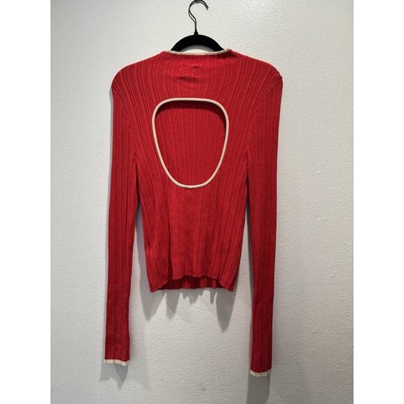 BDG Urban Outfitters Large Red Ribbed Kiara Mock Neck Long Sleeve Top Open Back - Picture 2 of 11
